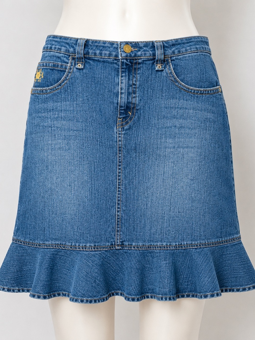 Kikit Y2K Stretch Denim Midi Skirt Size 14 Flounce Hem Blue Jean Skirt